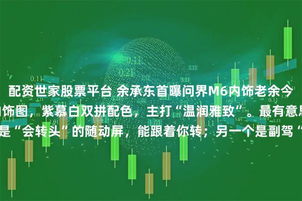 配资世家股票平台 余承东首曝问界M6内饰老余今天在AWE晒了问界M6内饰图，紫慕白双拼配色，主打“温润雅致”。最有意思的是两个设计：一个是“会转头”的随动屏，能跟着你转；另一个是副驾“灵感橱窗”，专门给你放手办、潮玩的。车长4960mm，轴距2950mm，增程版纯电续航有180/260/272公里三种。